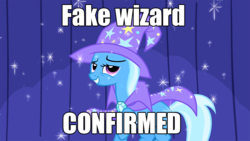 Size: 960x540 | Tagged: safe, edit, edited screencap, screencap, trixie, pony, unicorn, boast busters, g4, to where and back again, caption, drama, female, mare, solo, spoilers in the comments