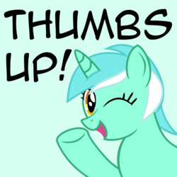 Size: 1000x1000 | Tagged: safe, lyra heartstrings, pony, unicorn, g4, caption, female, looking at you, mare, one eye closed, reaction image, simple background, solo, text, thumbs up, wink