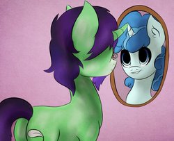 Size: 992x806 | Tagged: safe, artist:mylittlelevi64, party favor, oc, oc:crescent star, pony, unicorn, g4, cute, favorbetes, glasses, grin, happy, male, mirror, perspective, smiling, stallion
