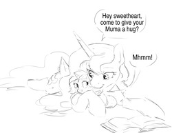 Size: 1280x989 | Tagged: safe, artist:silfoe, princess luna, oc, oc:eventide glisten, alicorn, pony, other royal book, g4, alicorn oc, black and white, cute, dialogue, female, filly, grayscale, hug, lunabetes, magical lesbian spawn, monochrome, mother and daughter, offspring, parent:princess luna, parent:twilight sparkle, parents:twiluna, silfoe is trying to murder us, simple background, snuggling, speech bubble, white background