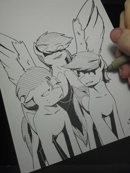 Size: 2448x3264 | Tagged: safe, artist:lrusu, rainbow dash, soarin', oc, pony, g4, high res, inktober, irl, monochrome, photo, traditional art