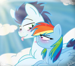 Size: 1060x936 | Tagged: safe, artist:sirena-chan98, rainbow dash, soarin', pony, g4, :p, cloud, crepuscular rays, cuddling, lidded eyes, male, prone, raised eyebrow, ship:soarindash, shipping, smiling, snuggling, straight, tongue out