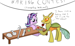 Size: 1288x800 | Tagged: safe, artist:mightyshockwave, clypeus, starlight glimmer, changedling, changeling, pony, unicorn, g4, to where and back again, baking, cow tools, dialogue, duo, food, pie, table, the far side