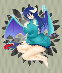 Size: 2300x2700 | Tagged: safe, artist:magico-enma, princess ember, human, g4, barefoot, bloodstone scepter, breasts, busty princess ember, clothes, dragon lord ember, feet, female, horned humanization, humanized, looking at you, open mouth, pleated skirt, skirt, solo, sweater, sweater puppies, winged humanization