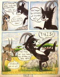 Size: 1064x1352 | Tagged: safe, artist:thefriendlyelephant, oc, oc only, oc:sabe, oc:uganda, antelope, giant sable antelope, comic:sable story, acacia tree, africa, animal in mlp form, cloven hooves, comic, dork, funny, grass, horn, pose, rock, savanna, speech bubble, traditional art, tree