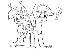 Size: 1600x1200 | Tagged: safe, artist:dsp2003, part of a set, applejack, rainbow dash, earth pony, pegasus, pony, fanfic:why am i pinkie pie, g4, black and white, female, grayscale, hatless, missing accessory, monochrome