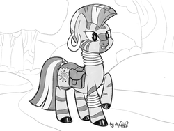 Size: 1600x1200 | Tagged: safe, artist:dsp2003, part of a set, zecora, zebra, fanfic:why am i pinkie pie, g4, black and white, cute, ear piercing, earring, female, grayscale, jewelry, monochrome, open mouth, piercing, saddle bag, solo, zecorable