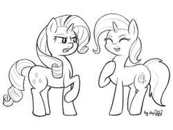 Size: 1600x1200 | Tagged: safe, artist:dsp2003, part of a set, rarity, trixie, earth pony, pony, fanfic:why am i pinkie pie, g4, black and white, cute, eyes closed, female, frown, grayscale, monochrome, open mouth