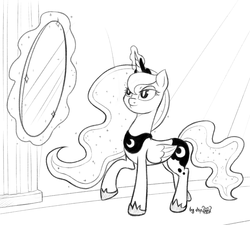 Size: 1920x1728 | Tagged: safe, artist:dsp2003, part of a set, princess luna, alicorn, pony, fanfic:why am i pinkie pie, g4, black and white, female, grayscale, magic, mirror, monochrome, solo, throne room