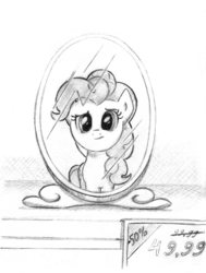 Size: 2346x3097 | Tagged: safe, artist:lalieri, part of a set, pinkie pie, earth pony, pony, fanfic:why am i pinkie pie, g4, black and white, female, frown, grayscale, high res, mirror, monochrome, solo, traditional art