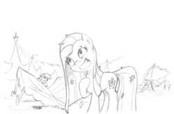 Size: 3618x2376 | Tagged: safe, artist:lalieri, part of a set, pinkie pie, earth pony, pony, fanfic:why am i pinkie pie, g4, black and white, destruction, female, grayscale, grin, high res, monochrome, pinkamena diane pie, ruins, smiling, traditional art