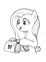 Size: 2112x2857 | Tagged: safe, artist:lalieri, part of a set, fluttershy, pegasus, pony, fanfic:why am i pinkie pie, g4, black and white, female, grayscale, high res, it's dangerous to go alone, monochrome, open mouth, saddle bag, solo, traditional art