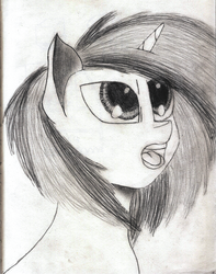 Size: 2524x3200 | Tagged: safe, artist:dr freedom, dj pon-3, vinyl scratch, g4, bust, female, high res, monochrome, open mouth, portrait, solo, traditional art