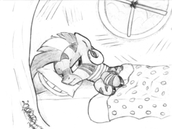 Size: 3438x2583 | Tagged: safe, artist:lalieri, part of a set, zecora, centipede, zebra, fanfic:why am i pinkie pie, g4, bed, black and white, blanket, ear piercing, earring, female, grayscale, high res, jewelry, monochrome, piercing, pillow, sleepy, solo, traditional art