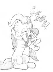 Size: 2268x3120 | Tagged: safe, artist:lalieri, part of a set, pinkie pie, oc, oc:cinnamon swirl, earth pony, pony, fanfic:why am i pinkie pie, g4, angry, black and white, female, filly, grayscale, high res, monochrome, open mouth, traditional art