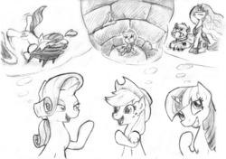 Size: 3533x2490 | Tagged: safe, artist:lalieri, part of a set, applejack, princess celestia, rarity, twilight sparkle, alicorn, earth pony, pony, unicorn, fanfic:why am i pinkie pie, g4, black and white, female, grayscale, high res, monochrome, monster, open mouth, thought bubble, traditional art