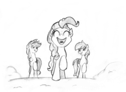 Size: 3163x2298 | Tagged: safe, artist:lalieri, part of a set, applejack, pinkie pie, rainbow dash, earth pony, pegasus, pony, fanfic:why am i pinkie pie, g4, black and white, female, grayscale, high res, monochrome, open mouth, traditional art