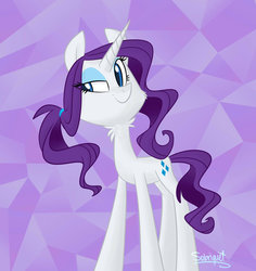 Size: 800x847 | Tagged: safe, artist:flourret, rarity, pony, unicorn, g4, abstract background, alternate hairstyle, cheek fluff, eyeshadow, female, lidded eyes, makeup, mare, neck fluff, signature, smiling, solo, standing