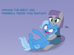 Size: 800x590 | Tagged: safe, artist:bluemoonlightflower, maud pie, trixie, pony, unicorn, g4, blushing, female, hug, lesbian, looking at each other, mare, ship:mauxie, shipping, simple background