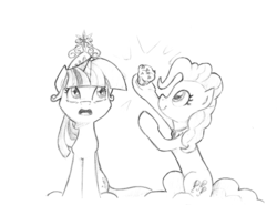 Size: 3431x2538 | Tagged: safe, artist:lalieri, part of a set, pinkie pie, twilight sparkle, earth pony, pony, unicorn, fanfic:why am i pinkie pie, g4, big crown thingy, black and white, cupcake, elements of harmony, female, food, grayscale, high res, jewelry, monochrome, open mouth, regalia, traditional art