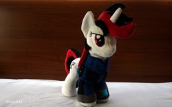 Size: 2048x1282 | Tagged: safe, artist:egalgay, oc, oc only, oc:blackjack, pony, unicorn, fallout equestria, clothes, fanfic, female, handmade, hooves, horn, irl, jumpsuit, mare, photo, pipbuck, plushie, solo, toy, vault suit