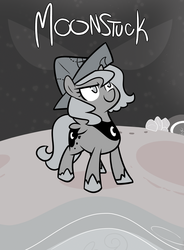 Size: 892x1210 | Tagged: safe, artist:egophiliac, princess luna, moonstuck, g4, cartographer's cap, female, filly, grayscale, hat, monochrome, moon, moon rock, poster, solo, woona, younger