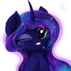 Size: 2000x2000 | Tagged: safe, artist:nimaru, princess luna, g4, female, grin, high res, one eye closed, simple background, smiling, solo, style emulation, transparent background, wink