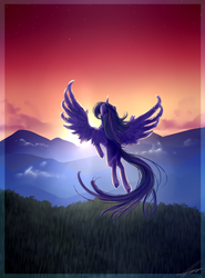 Size: 1700x2300 | Tagged: safe, artist:rebeccabluebreeze, twilight sparkle, alicorn, pony, g4, female, flying, forest, mountain, scenery, solo, twilight (astronomy), twilight sparkle (alicorn)