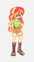 Size: 522x950 | Tagged: safe, artist:matmax426, sunset shimmer, human, equestria girls, g4, belly button, clothes, female, midriff, shorts, simple background, solo, tank top, traditional art