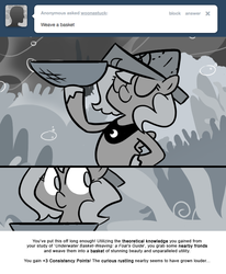 Size: 666x809 | Tagged: safe, artist:egophiliac, princess luna, moonstuck, g4, basket, cartographer's cap, coral reef, female, filly, hat, monochrome, solo, underwater, underwater basket weaving, woona, younger