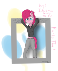 Size: 900x1102 | Tagged: safe, artist:generallegion, pinkie pie, earth pony, anthro, unguligrade anthro, g4, clothes, cutie mark, engrish, female, fourth wall, hoodie, looking at you, midriff, pants, simple background, smiling, solo, sweatpants, white background