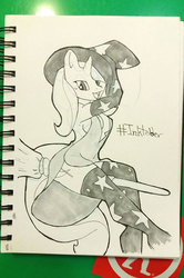 Size: 529x795 | Tagged: safe, artist:theburningdonut, trixie, anthro, g4, broom, clothes, female, flying, flying broomstick, ink, inktober, lidded eyes, looking at you, looking back, monochrome, open mouth, sitting, solo, stockings, traditional art, trixie's hat