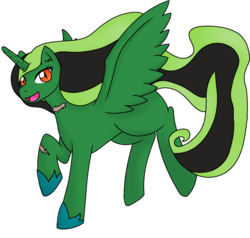 Size: 1280x1221 | Tagged: safe, artist:jolliapplegirl, oc, oc only, oc:olive, alicorn, pony, fallout equestria, alicorn oc, artificial alicorn, fallout equestria oc, fanfic, fanfic art, female, green alicorn (fo:e), hooves, horn, mare, open mouth, scar, solo, spread wings, wings