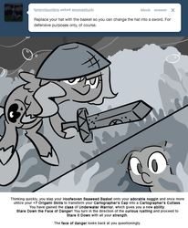 Size: 666x809 | Tagged: safe, artist:egophiliac, princess luna, oc, oc:danger mcsteele, sea pony, moonstuck, g4, basket, cartographer's cutlass, coral reef, filly, monochrome, seaweed, sword, underwater, weapon, woona, younger