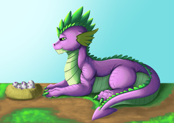 Size: 2455x1736 | Tagged: safe, artist:exelzior, spike, dragon, g4, egg, father, implied emberspike, nest, older, older spike