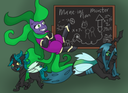 Size: 1280x930 | Tagged: safe, artist:jolliapplegirl, mane-iac, queen chrysalis, oc, oc:toxic love, changeling, earth pony, pony, g4, blushing, chalkboard, family, parent:mane-iac, parent:queen chrysalis