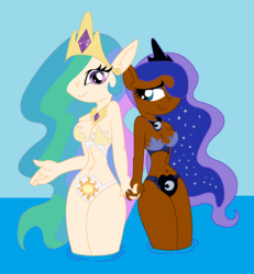 Size: 2544x2752 | Tagged: safe, artist:the1stmoyatia, princess celestia, princess luna, human, g4, belly button, bikini, breasts, cleavage, clothes, dark skin, eared humanization, female, holding hands, humanized, midriff, sisters, swimsuit