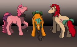 Size: 982x604 | Tagged: safe, artist:hyenab0y, bubbles (g1), cotton candy (g1), moondancer (g1), earth pony, pony, unicorn, g1, rescue at midnight castle, bow, captured, chains, coat markings, collar, facial markings, female, mare, raised hoof, simple background, star (coat marking), tail bow, trio, trio female