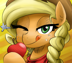 Size: 1024x900 | Tagged: artist needed, source needed, safe, applejack, g4, apple, bandana, braid, female, food, licking, licking lips, solo, tongue out