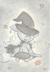 Size: 683x969 | Tagged: safe, artist:slightlyshade, trixie, pony, unicorn, g4, cape, clothes, female, floppy ears, flying, hat, leaves, mare, no pupils, open mouth, sitting, smiling, solo, stars, traditional art, wand, witch, witch hat