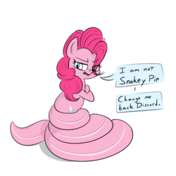 Size: 800x800 | Tagged: safe, artist:firenhooves, pinkie pie, lamia, original species, g4, crossed arms, dialogue, fangs, female, implied discord, offscreen character, pinklamia pie, simple background, solo, species swap, speech bubble