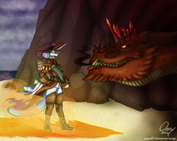 Size: 2000x1600 | Tagged: safe, artist:omny87, princess celestia, dragon, anthro, plantigrade anthro, g4, badass, beach, boots, clothes, crown, fire, jewelry, military uniform, now you fucked up, regalia, smaug the golden, spurs, sword, the hobbit, uniform, weapon