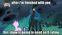 Size: 1657x934 | Tagged: safe, edit, edited screencap, screencap, queen chrysalis, starlight glimmer, thorax, changeling, changeling queen, pony, unicorn, g4, to where and back again, armor, caption, changeling armor, changeling guard, female, image macro, innuendo, mare, meme, starlight vs chrysalis