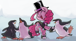 Size: 1371x756 | Tagged: safe, artist:php27, pinkie pie, bird, earth pony, penguin, pony, g4, clothes, dancing, elegant, hat