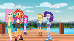 Size: 1364x762 | Tagged: safe, screencap, fluttershy, pinkie pie, rainbow dash, sunset shimmer, equestria girls, g4, my little pony equestria girls: legend of everfree, converse, embrace the magic, female, lidded eyes, shoes