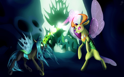 Size: 4000x2500 | Tagged: safe, artist:juliagoldfox, queen chrysalis, thorax, changeling, changeling queen, g4, to where and back again, changeling king, duo, fight, king thorax, magic, rearing
