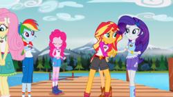 Size: 1360x768 | Tagged: safe, screencap, applejack, fluttershy, pinkie pie, rainbow dash, rarity, sunset shimmer, equestria girls, g4, my little pony equestria girls: legend of everfree, embrace the magic, female, lidded eyes