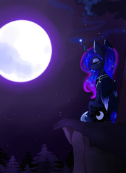 Size: 1280x1760 | Tagged: safe, artist:magnaluna, princess luna, g4, claws, cliff, crown, ear fluff, ethereal hair, ethereal mane, ethereal tail, eyes closed, eyeshadow, female, folded wings, forest, full moon, hoof shoes, jewelry, magic, magic aura, makeup, mare, moon, night, night sky, peytral, princess shoes, regalia, sitting, sky, solo, sparkly mane, sparkly tail, sparkly wings, starry mane, starry night, starry tail, stars, tail, tiara, wing claws, wings