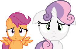 Size: 14058x8986 | Tagged: safe, artist:cyanlightning, scootaloo, sweetie belle, pegasus, pony, unicorn, g4, .svg available, absurd resolution, duo, duo female, female, filly, floppy ears, foal, frown, looking at you, simple background, spread wings, transparent background, vector, wings