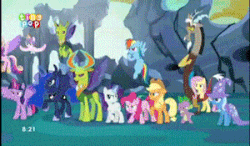 Size: 300x175 | Tagged: safe, edit, edited screencap, screencap, applejack, discord, fluttershy, pinkie pie, princess cadance, princess celestia, princess flurry heart, princess luna, queen chrysalis, rainbow dash, rarity, shining armor, spike, starlight glimmer, thorax, trixie, twilight sparkle, alicorn, changedling, changeling, changeling queen, pony, g4, to where and back again, animated, defiant, female, gif, jojo's bizarre adventure, king thorax, mane six, now you fucked up, this will end in pain, to be continued, twilight sparkle (alicorn)